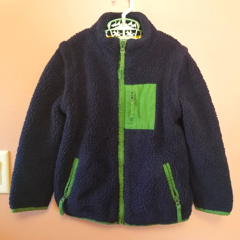 BODEN MINI Navy/Green Convertible Lined Sherpa Jacket Vest. 5-6Y